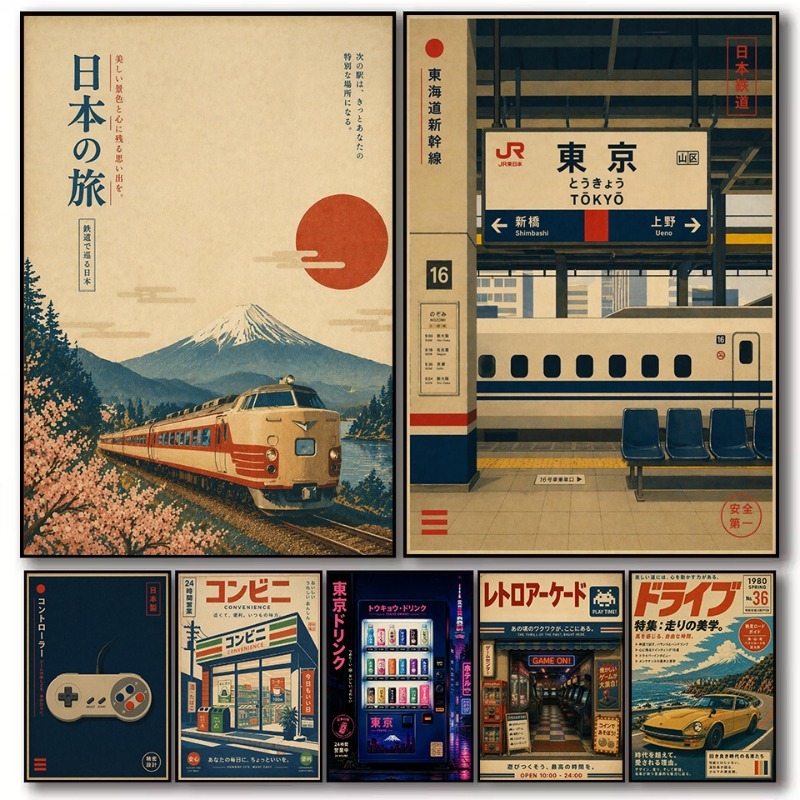 Japanese Traditional Lifestyle - ヴィンテージ日本の伝統的な店舗鉄道駅ゲームアーケードカーポスターキャンバス絵画壁アート写真家の寝室の装飾