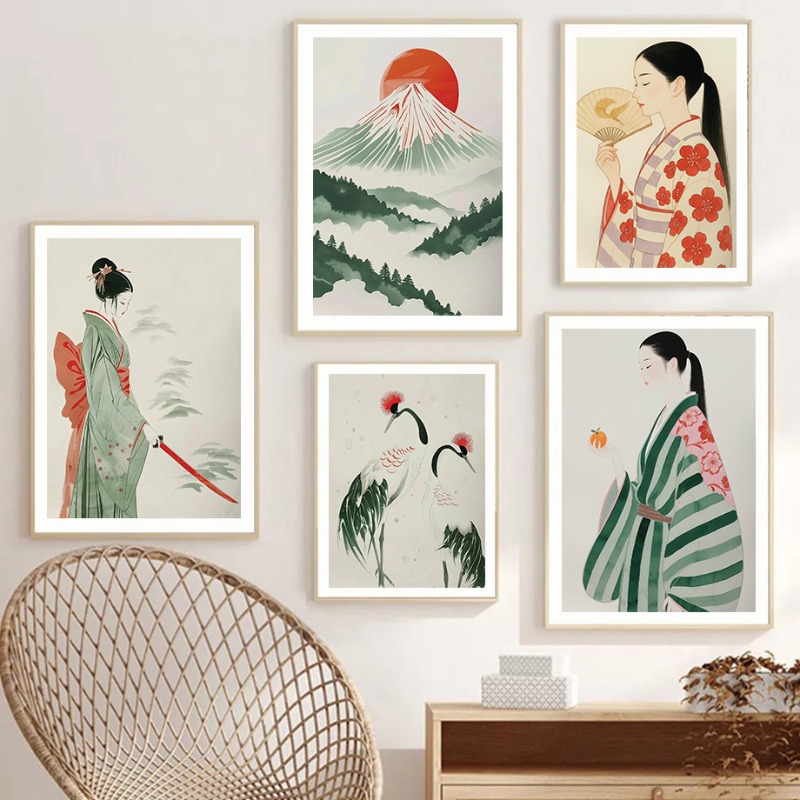 Japanese Traditional Lifestyle - 富士山と鶴日本の壁プリント現代ミニマリスト風景アート伝統的なアジアの自然ポスター禅家の装飾