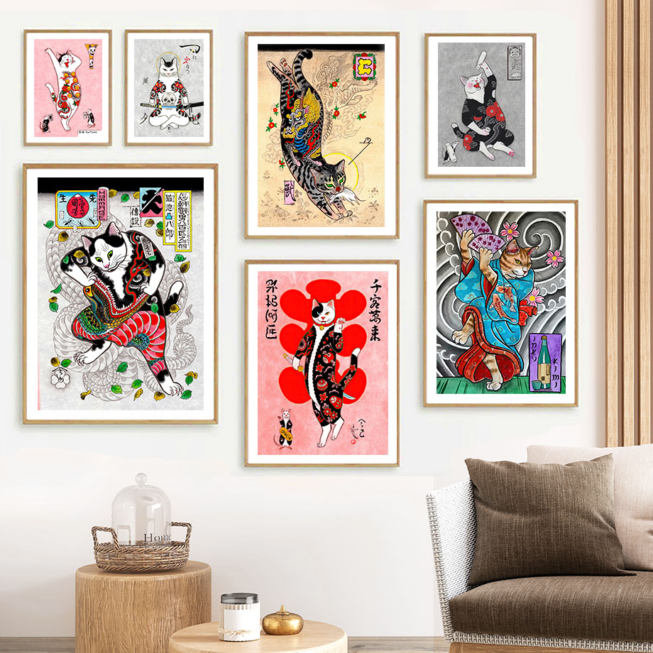日本のサムライ猫ウォールアート浮世絵タトゥー猫キャンバスプリ - Japanese Traditional Lifestyle のレビューと価格
