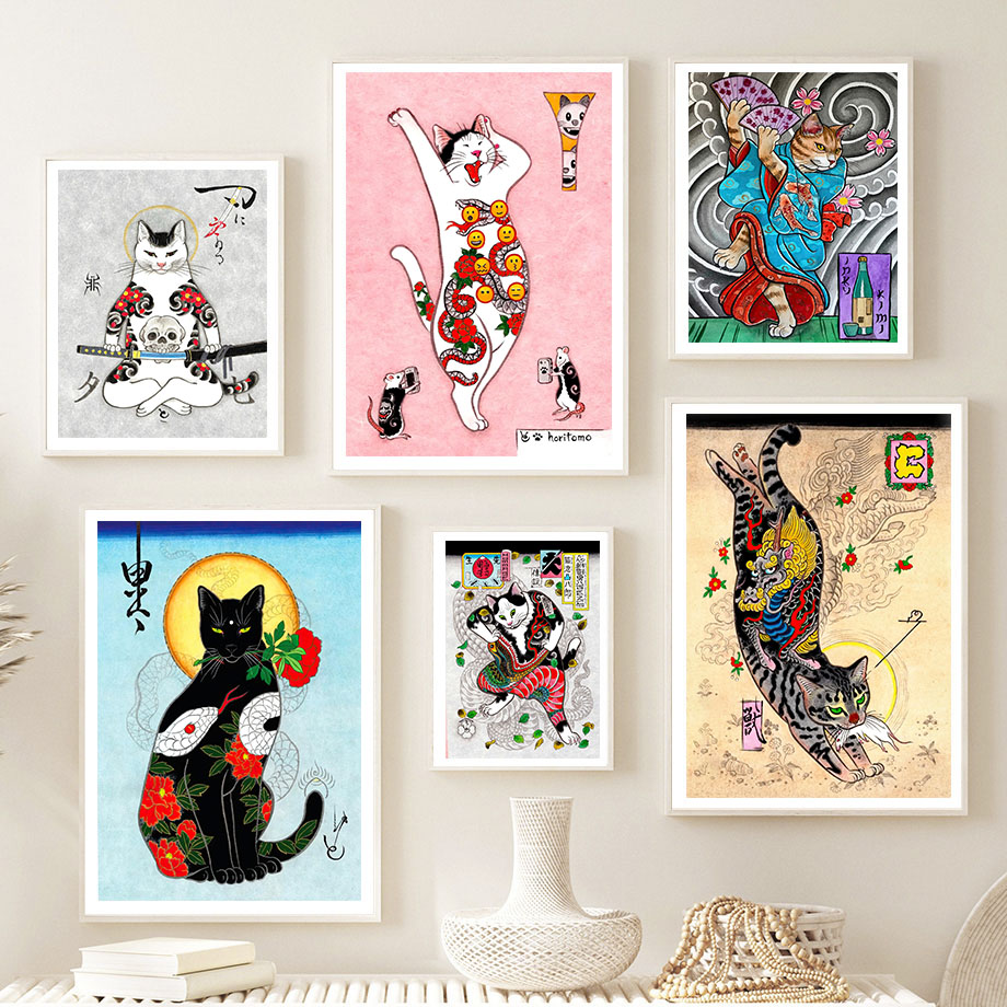 日本のサムライ猫ウォールアート浮世絵タトゥー猫キャンバスプリ - Japanese Traditional Lifestyle のレビューと価格