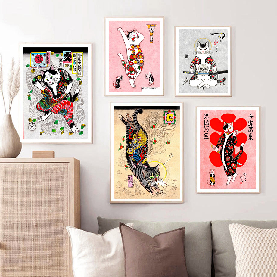 日本のサムライ猫ウォールアート浮世絵タトゥー猫キャンバスプリ - Japanese Traditional Lifestyle のレビューと価格