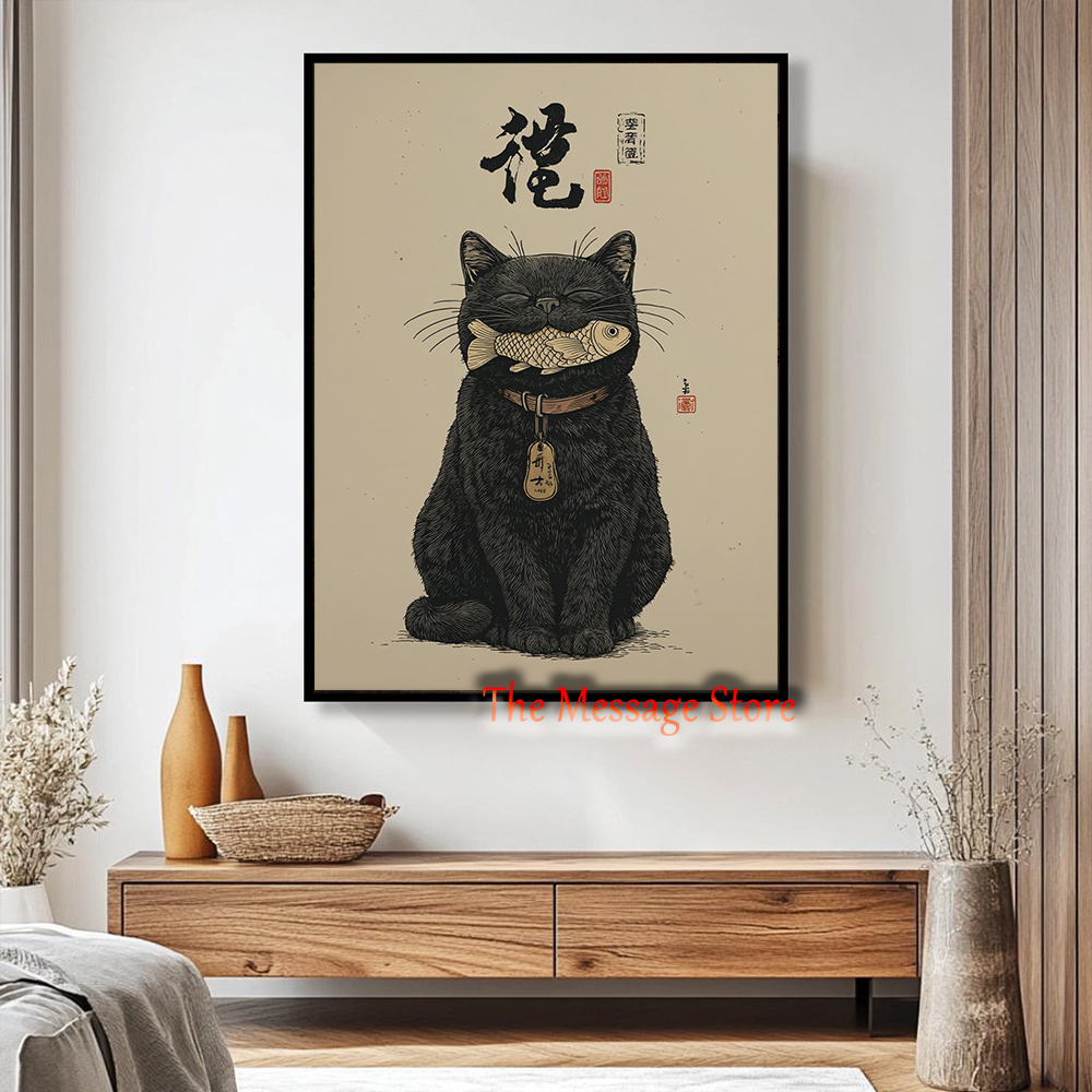 黒招き猫浮世絵日本の魚チャーム壁装飾伝統的な招き猫アートポス - Japanese Traditional Lifestyle のレビューと価格